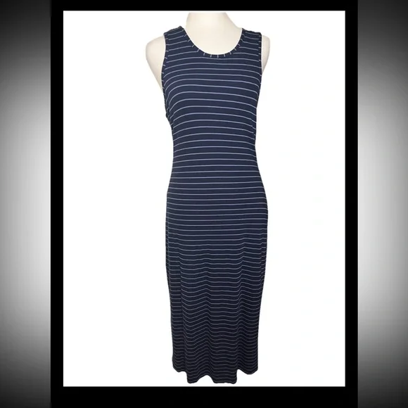 Marine Layer Lexi Daytime Stretch Midi Dress Blue Striped Med - Picture 2 of 6